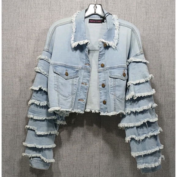 Tiered Ruffle Sleeve Cropped Denim Icy Blue Boho Jean Jacket Wms Large - Picture 2 of 15